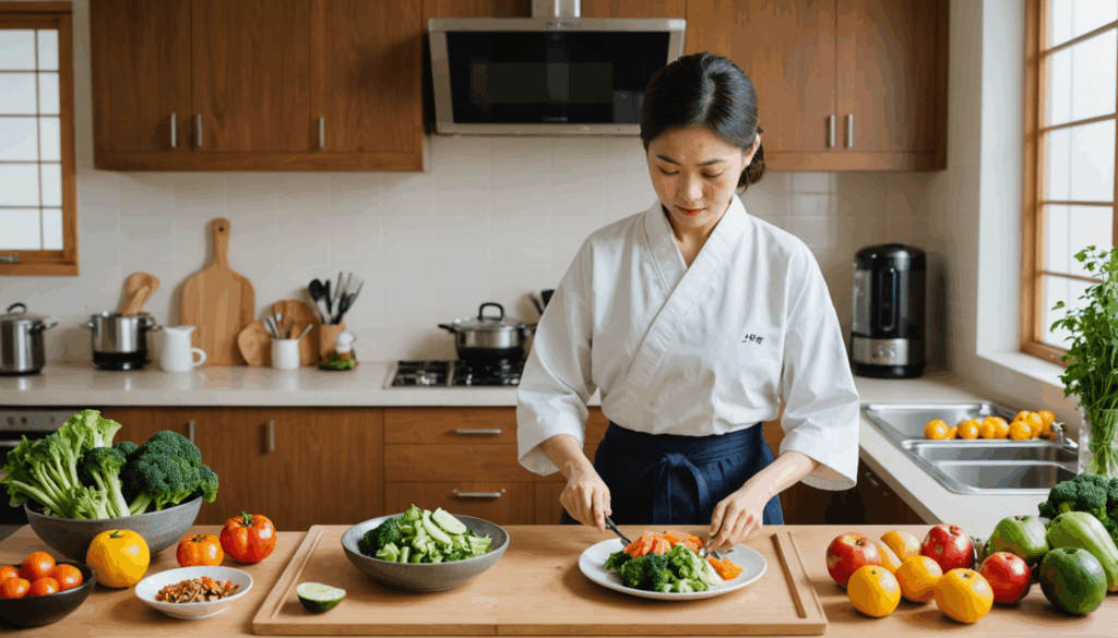 明るい現代的なキッチンで、むくみ防止と食物繊維を意識した健康的な食事を準備している日本人女性の写真。					