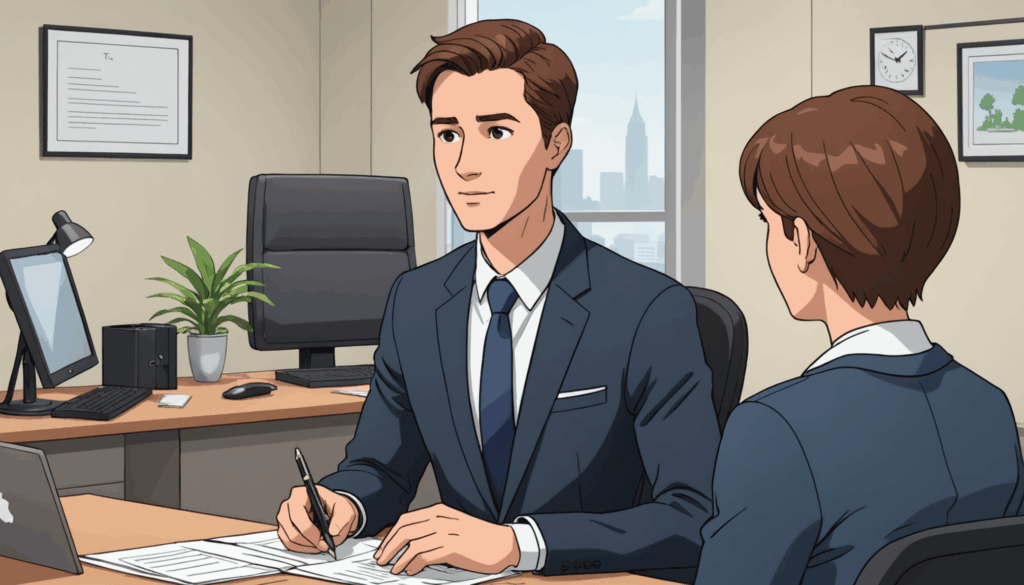 若いプロフェッショナルが自信を持って面接に臨んでいる様子を描いたイラスト。転職やスキルの可能性を感じさせる。