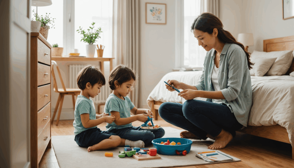 親が子どもを学校の準備を手伝っている朝の家族の様子。小1の壁を乗り越えるための生活の工夫と時短勤務の重要性を表現。
