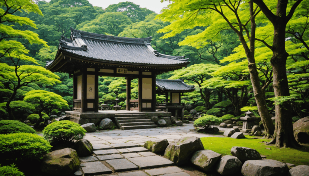 美しい自然に囲まれた神社の写真。パワースポットとして知られ、参拝者が訪れる穏やかなエネルギーを感じる場所。