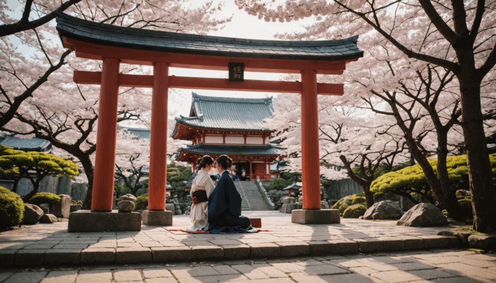 カップルが桜に囲まれた神社で縁結びの祈願をしている様子。恋愛成就を願う参拝者たちが集う、穏やかな雰囲気の中でのデートスポット。
