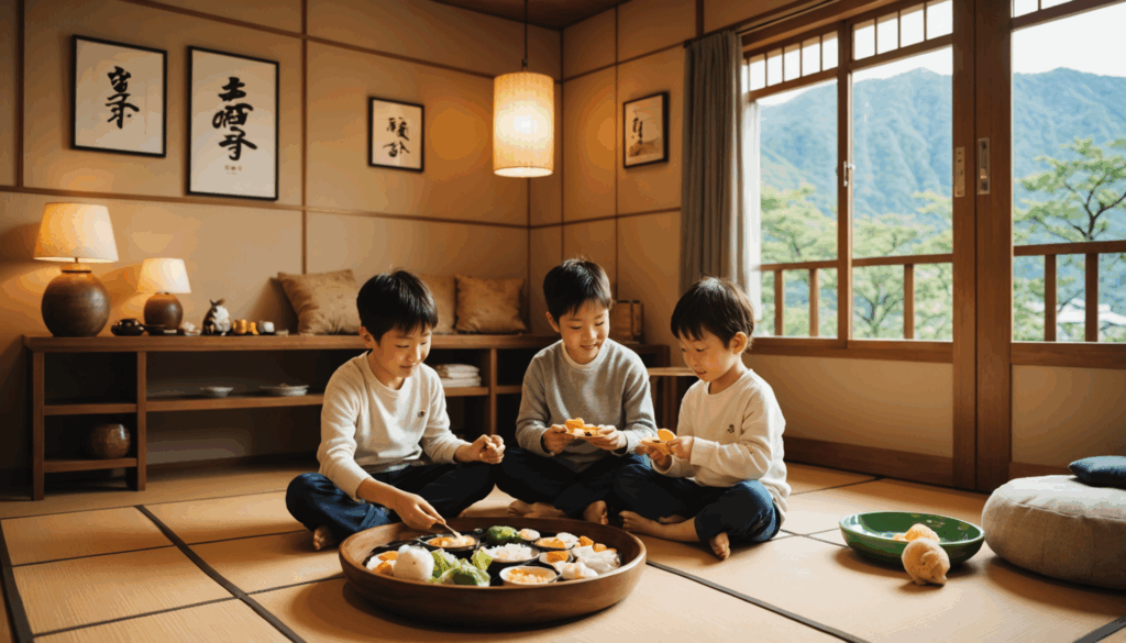 家族向けの旅行プランを提案する温泉宿で、子どもが遊びながらリラックスしている様子が描かれています。