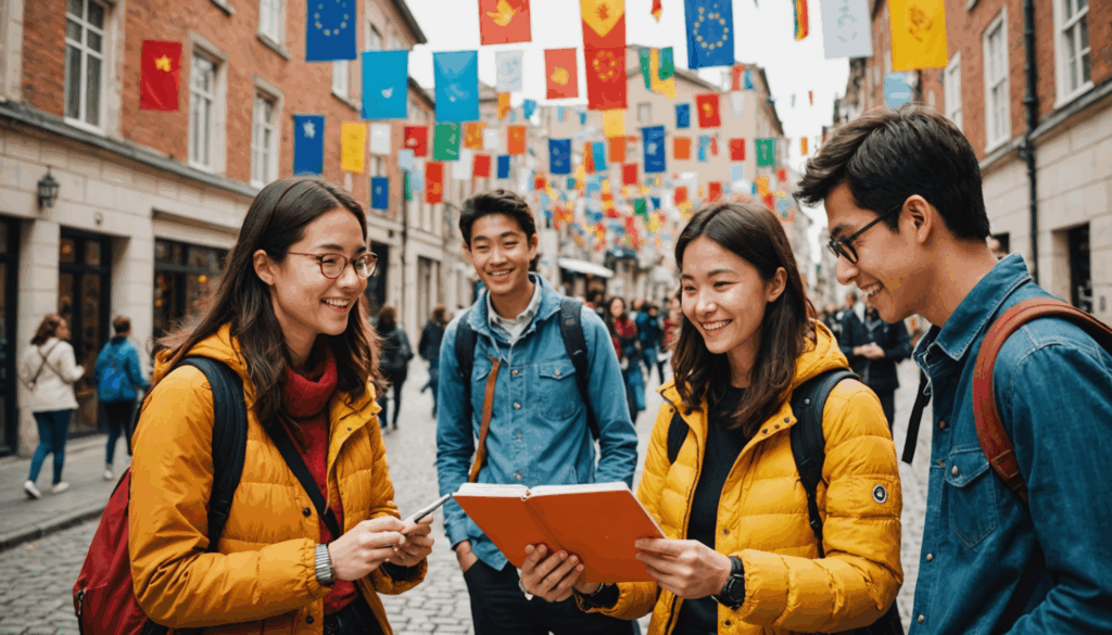 短期留学の利点を表現した画像で、大学生が国際的な環境で交流しながら英語を学び、文化を体験し成長する様子を描写しています。