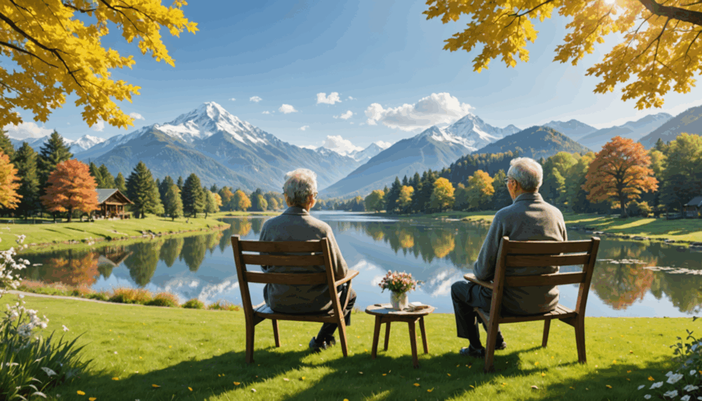60代の夫婦が自然を楽しむ穏やかな老後の風景。老後資金の計画を意識しながら、安定と安心を象徴する背景が広がっています
