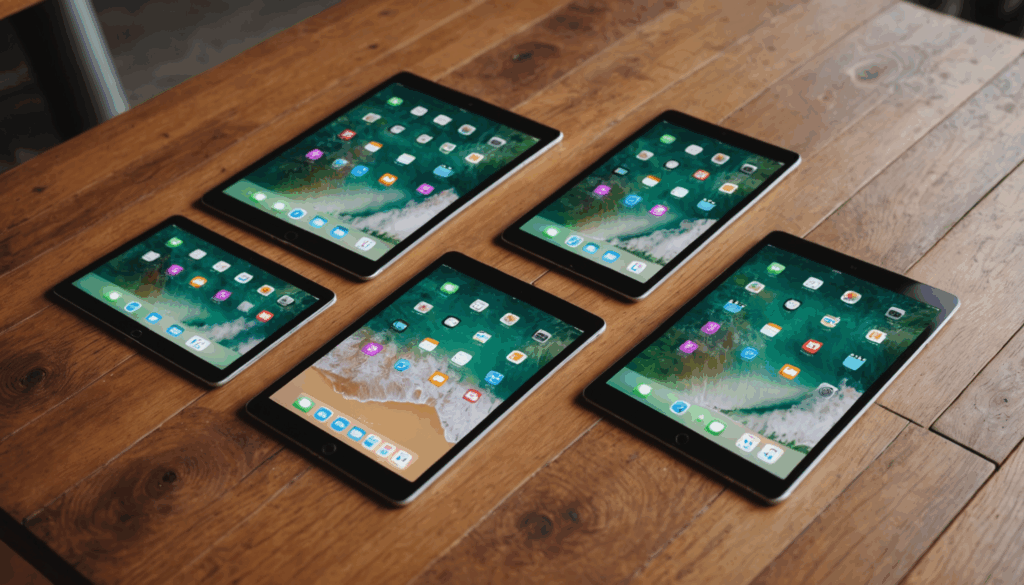 木製のテーブルに並べられたiPadの各モデル(iPad Pro、iPad Air、iPad、iPad mini)の写真。選択肢とテクノロジーの感覚を表現しています