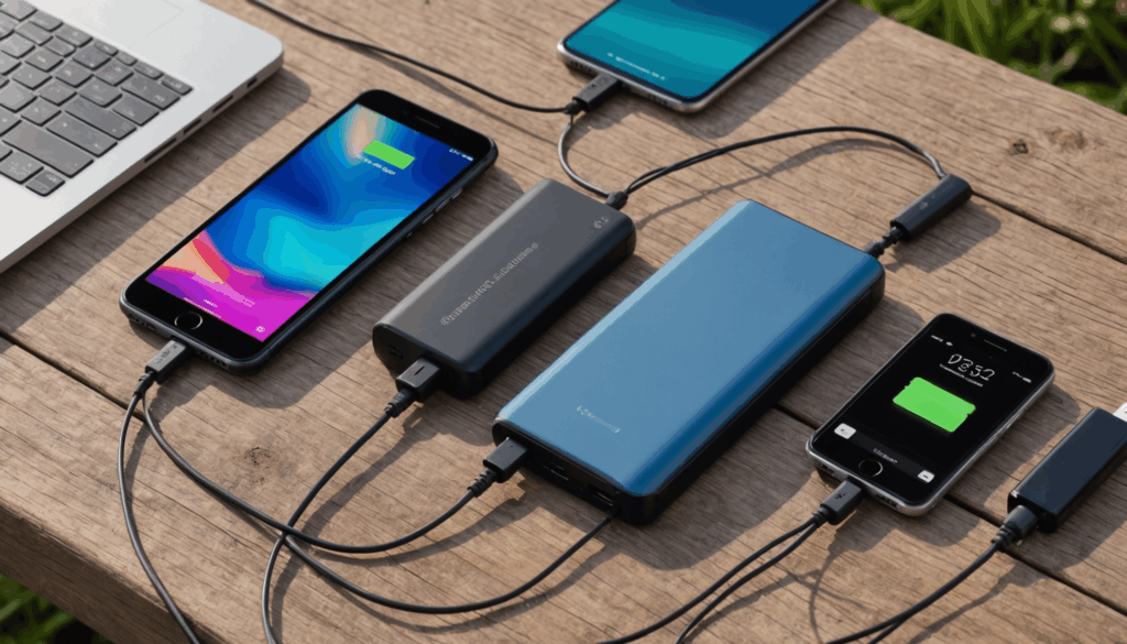 軽量のモバイルバッテリーが、屋外で様々なデバイスを急速充電している様子。コンパクトでスタイリッシュなデザインが特徴です。