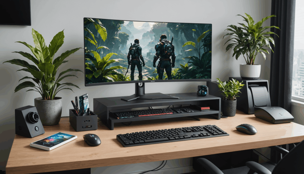 スタイリッシュなデスク周りのゲーミングPCセットアップで、高解像度モニターやメカニカルキーボード、エルゴノミックマウスが整然と配置されている様子