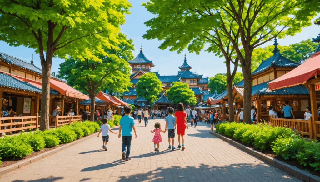 子連れ家族が自然の中で遊ぶ様子や、アミューズメントパークや教育的な博物館の風景を描いた写真。おすすめの旅行スポットを楽しむ明るい雰囲気が伝わります。
