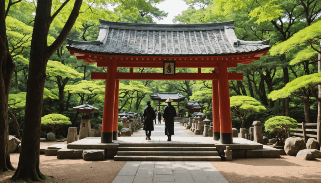 自然に囲まれた美しい神社で、カップルが仲良く過ごしている様子が描かれており、縁結びのご利益を感じさせる情景です。