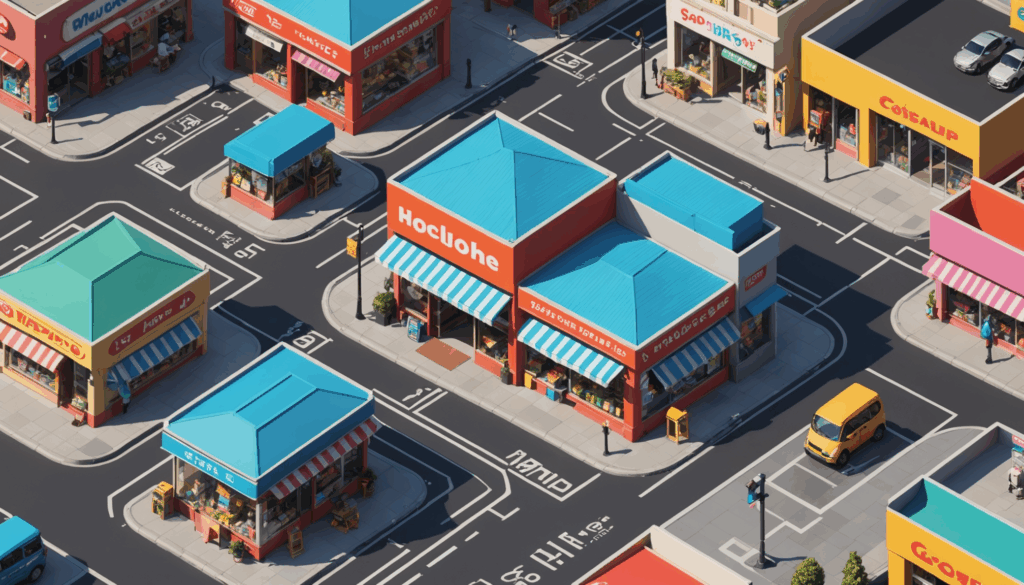 地元の店舗を示す地図アプリの画面。スマートフォンのインターフェースで、売上アップや新規顧客の獲得に役立つ施策を視覚的に表現。