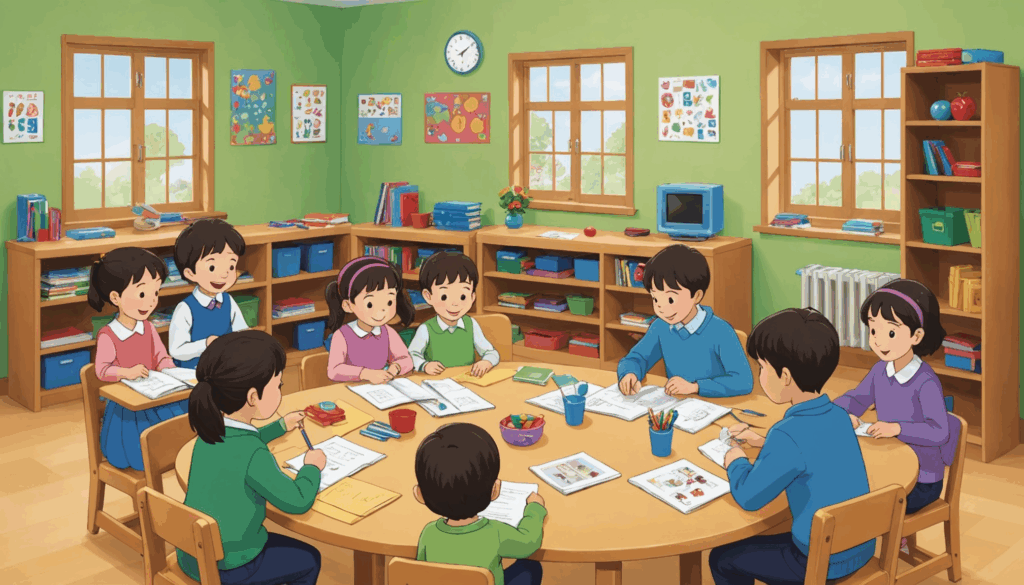 子どもたちが様々なアクティビティに参加している明るい学童の写真。親の働き方や育児のサポートを考える場面を表現。