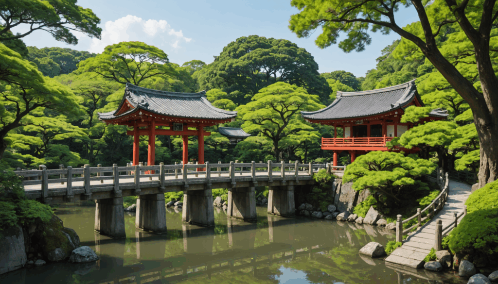緑豊かな風景に囲まれた八百富神社の写真。ロマンチックな橋があり、カップルのデートスポットとして人気で、縁結びのご利益が期待できる場所。