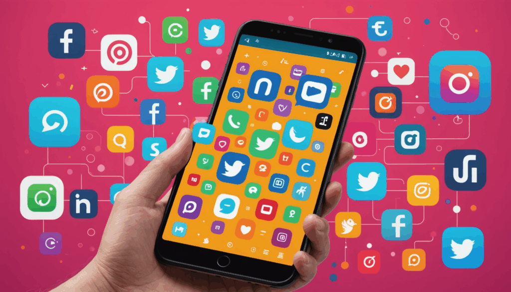 スマートフォンにLINEアプリが表示され、周囲にInstagramやTwitterのアイコンがある画像。顧客とのコミュニケーションを通じて売上アップを目指すマーケティング施策を表現している。