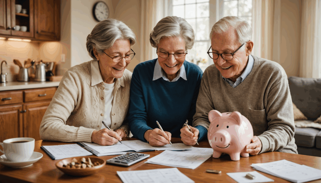 老後資金を計画する60代の夫婦が、貯蓄を数えながら快適な家の中で金融資料や貯金箱に囲まれている様子