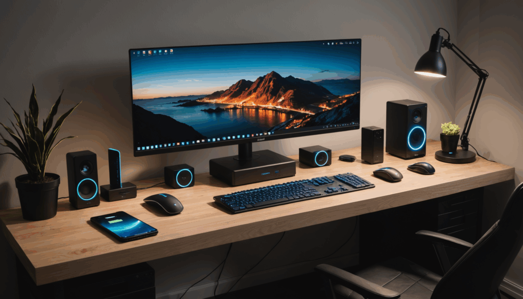 スタイリッシュなゲーミングPCのデスク周りの写真。モダンなデスクライトやUSBポート付きの電源タップ、高品質なスピーカーなどが整然と配置されている様子。