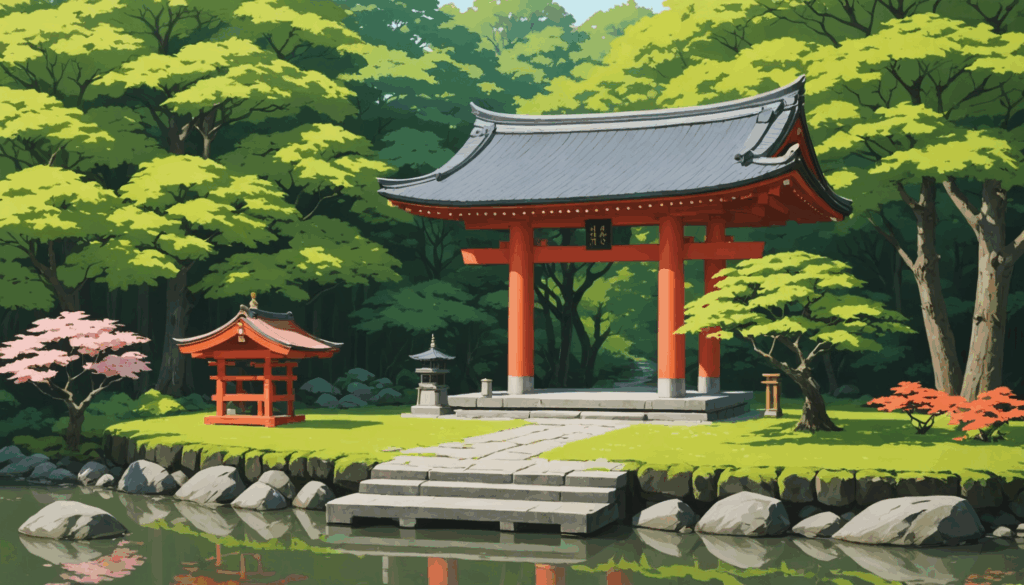 静かな神社の風景。悪縁を断ち切る象徴として、壊れた鎖やハサミが描かれ、自然に囲まれた穏やかな雰囲気が漂う。