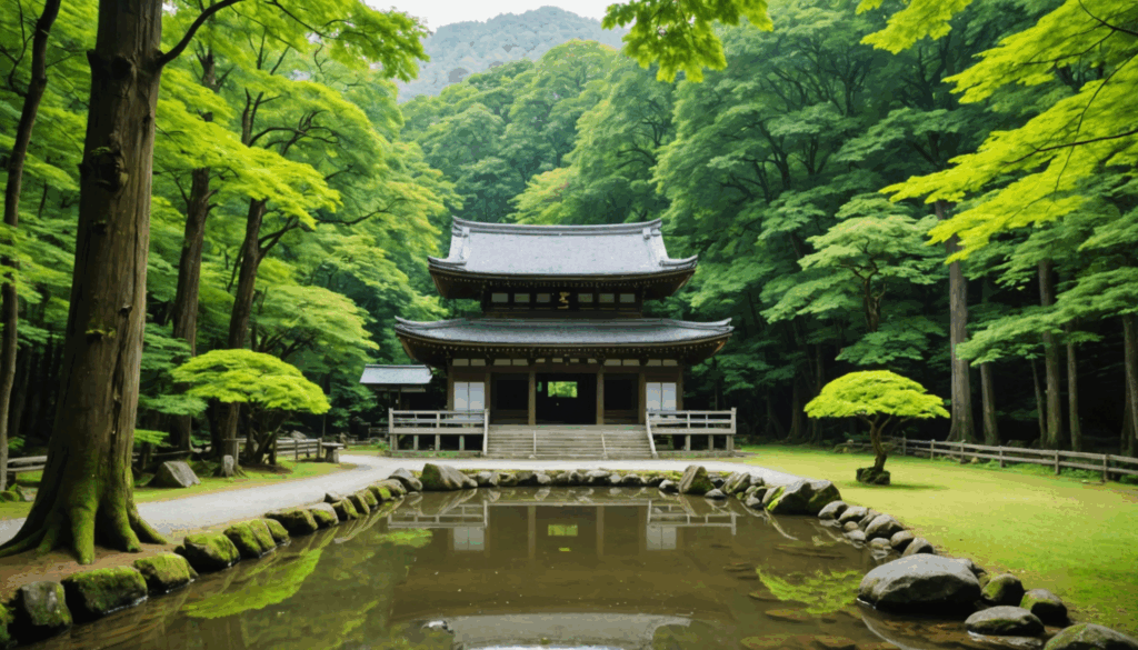 豊かな森に囲まれた戸隠神社の風景。自然の美しさと静けさが感じられるパワースポットで、参拝者にご利益をもたらす場所。