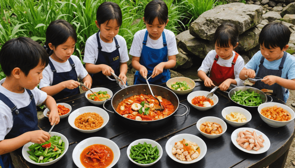 家族で地元の食材を使った料理体験を楽しむ様子。子どもたちが食材と触れ合い、温泉や自然活動を満喫している楽しい雰囲気。