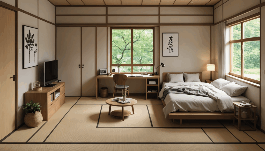 6畳の部屋のレイアウト。角にベッド、近くにテーブル、窓際にソファを配置し、収納家具を使って無駄なスペースを活用したおしゃれな一人暮らしの生活空間。