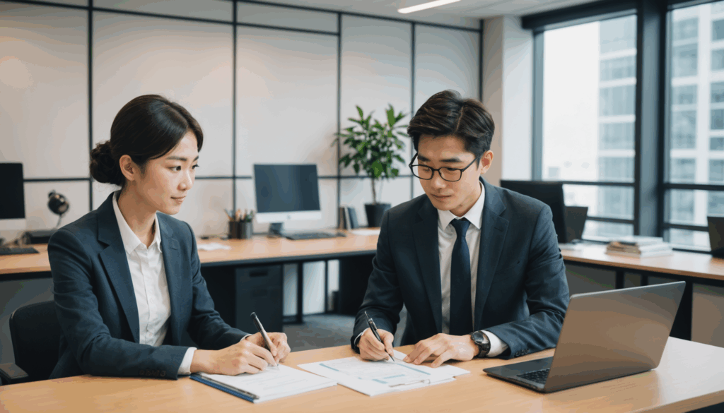日本のキャリアアドバイザーが20代の求職者に転職の相談をしている現代的なオフィスの様子。パソコンや履歴書、ノートが見え、サポートとガイダンスの雰囲気を醸し出しています。