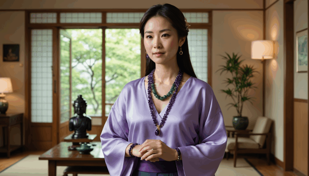 美しいアメジストのブレスレットと翡翠のネックレスを身に着けた日本人が、パワーストーンが整えられた静かなリビングに立っている様子。健康運や精神のバランスを整える効果が感じられる