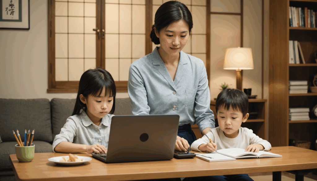 小学校に入学した子どもを持つ日本の家族が、育児と仕事の両立を図る様子。母親がパソコンで仕事をしながら子どもと交流し、父親が宿題を手伝う温かい家庭の風景。
