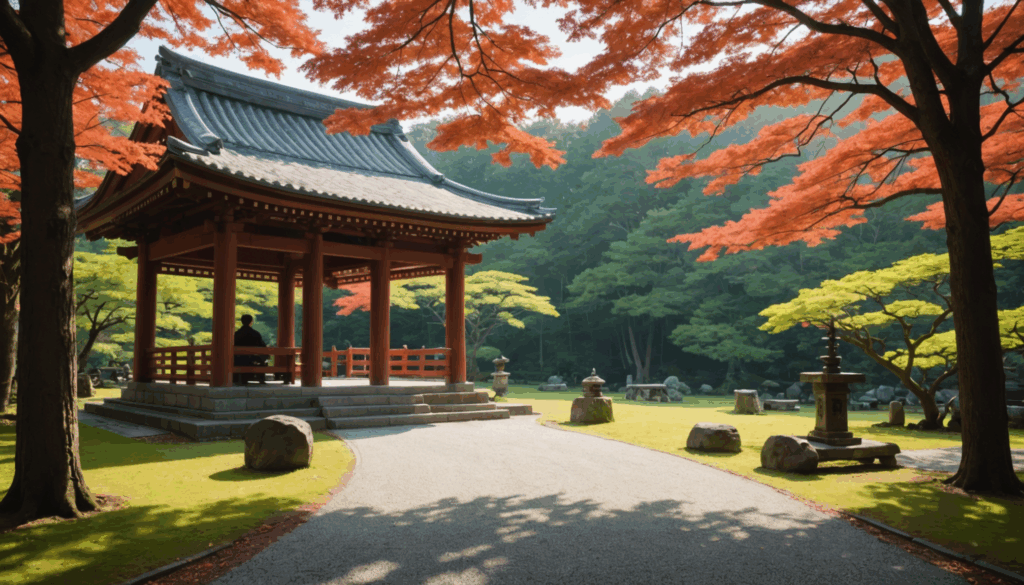 神社の静かな風景で、参拝後に感謝の気持ちを表す人が描かれています。縁結びやご利益を願う心が感じられるシーンです。