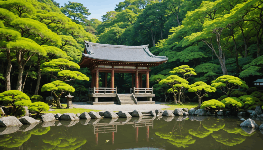 自然に囲まれた伝統的な神社の写真。安産祈願のための静かな雰囲気を表現している。