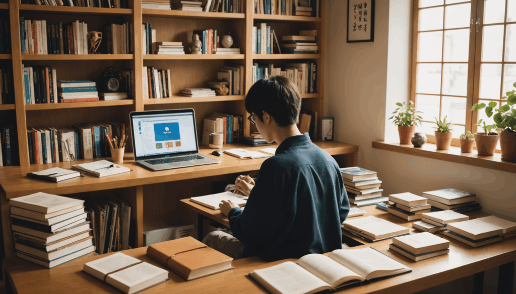 明るいデスクで本やノートパソコンを使って勉強する日本人学生の写真。周囲には国際的な文化を象徴するアイテムがあり、留学や短期留学の体験を感じさせる雰囲気