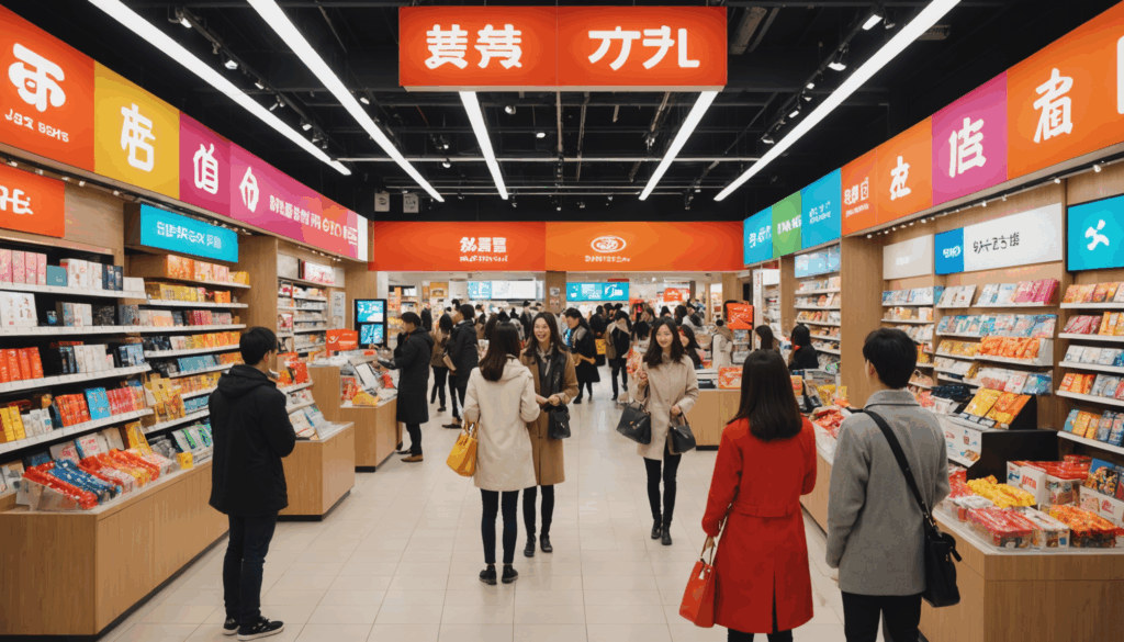活気ある小売店の写真。顧客が特別オファーを楽しみながら商品を手に取り、スマートフォンを使っている様子。売上アップに繋がる施策が感じられる。