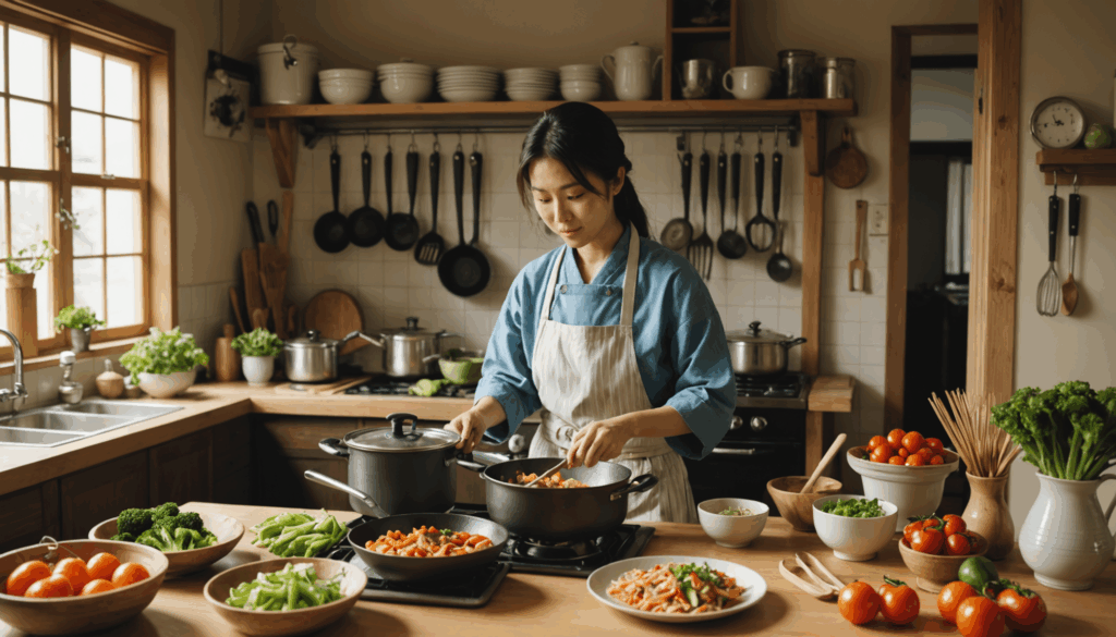 自炊をしている日本人の写真。新鮮な季節の野菜や調理器具に囲まれ、家庭的な雰囲気で節約を意識した料理を楽しむ様子。