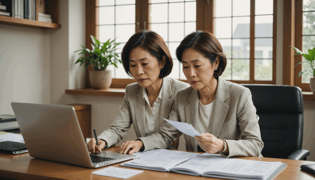 50代の日本人女性が、自宅のオフィスで金融商品を見直しながら投資活動に集中している様子。資産運用に関する知識を深めるための時間を過ごしています