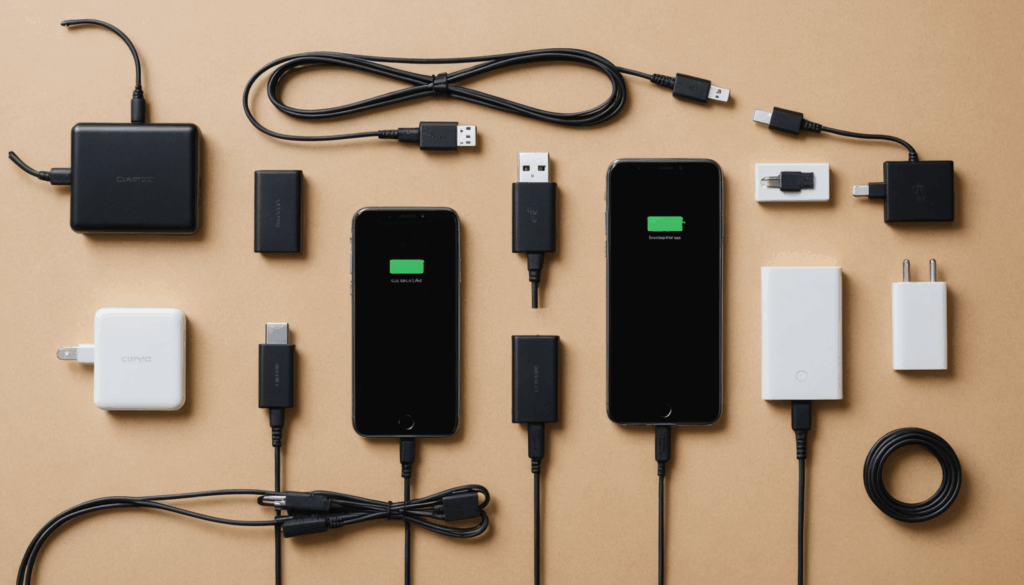 軽量なモバイルバッテリーとUSBケーブル(Type-A、Type-C、Lightning)が並んでいる写真。日本人がモバイルバッテリーでスマートフォンを充電している様子を示し、便利さと現代技術を表現しています