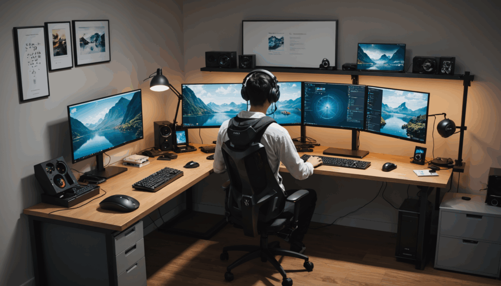 日本人が作業しているモダンなデスク周りの写真。ゲーミングPC、メカニカルキーボード、高性能モニター、ワイヤレスマウス、スタイリッシュな収納ボックスが整然と配置されている