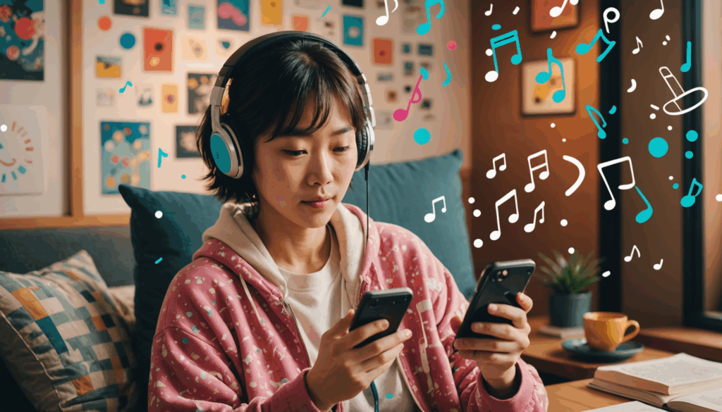 スマートフォンで音楽サブスクを楽しむ日本人の様子。周囲にはカラフルな音楽ノートが舞い、心地よい室内で多様な楽曲を感じるシーン。
