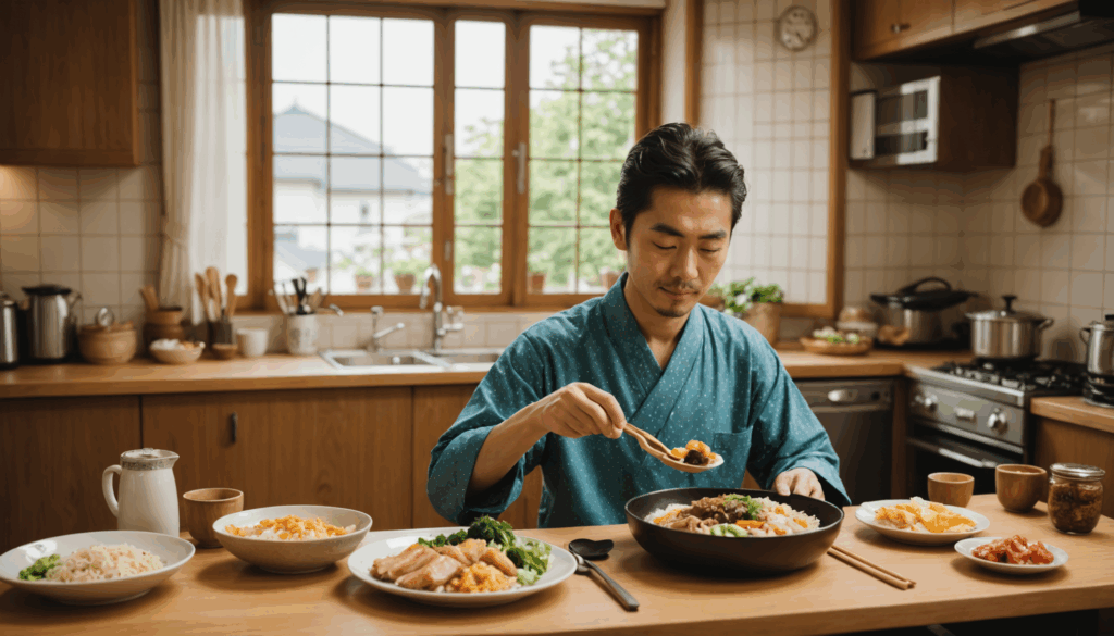 栄養バランスの取れた宅配弁当を自宅のキッチンで楽しむ日本人の様子。おすすめのメニューを手軽に受け取れることが伝わる