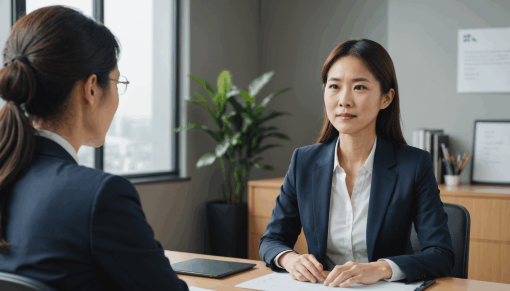自信に満ちた日本人女性が、現代的なオフィスで同僚と話し合いをしている写真。キャリアアップや職場でのメンターシップを強調したシーン。
