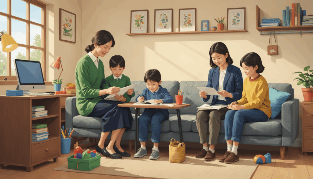小学校に入学する子どもを持つ家族が新しい生活リズムに順応し、親が仕事と育児を両立している様子を描いたイラスト。