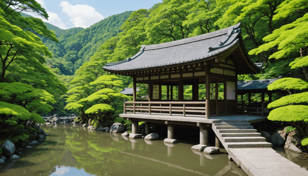美しい自然に囲まれた静かな神社の写真。パワースポットとしてのエネルギーを感じながら、参拝する人々の姿が見える。