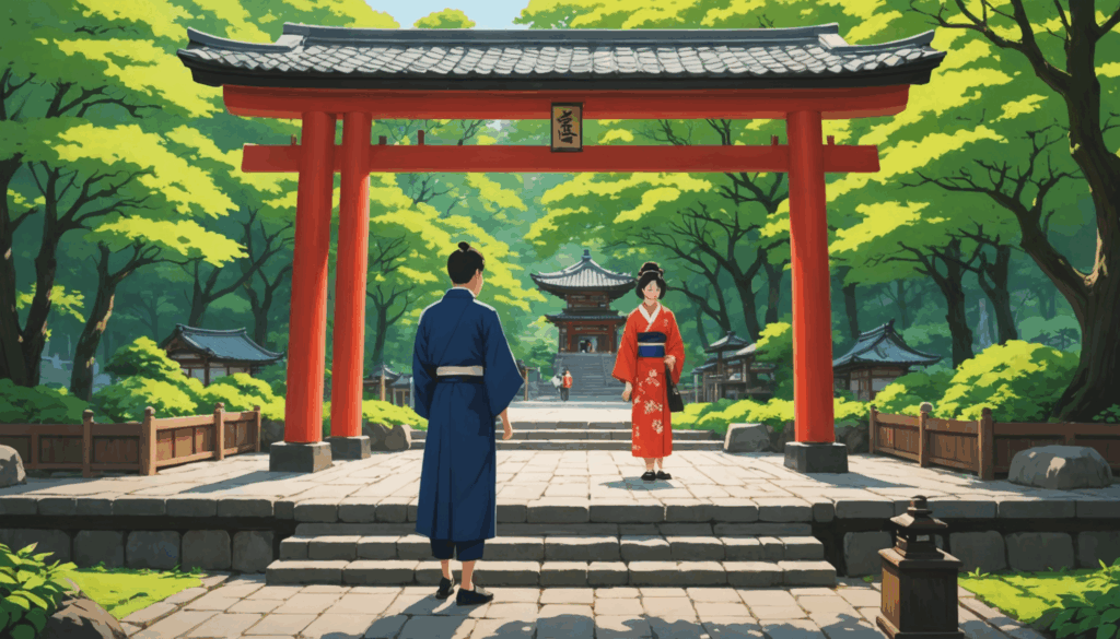 美しい縁結びの神社を訪れるカップルのイラスト。緑豊かな自然と伝統的な建築に囲まれ、恋愛のご利益を感じる様子。