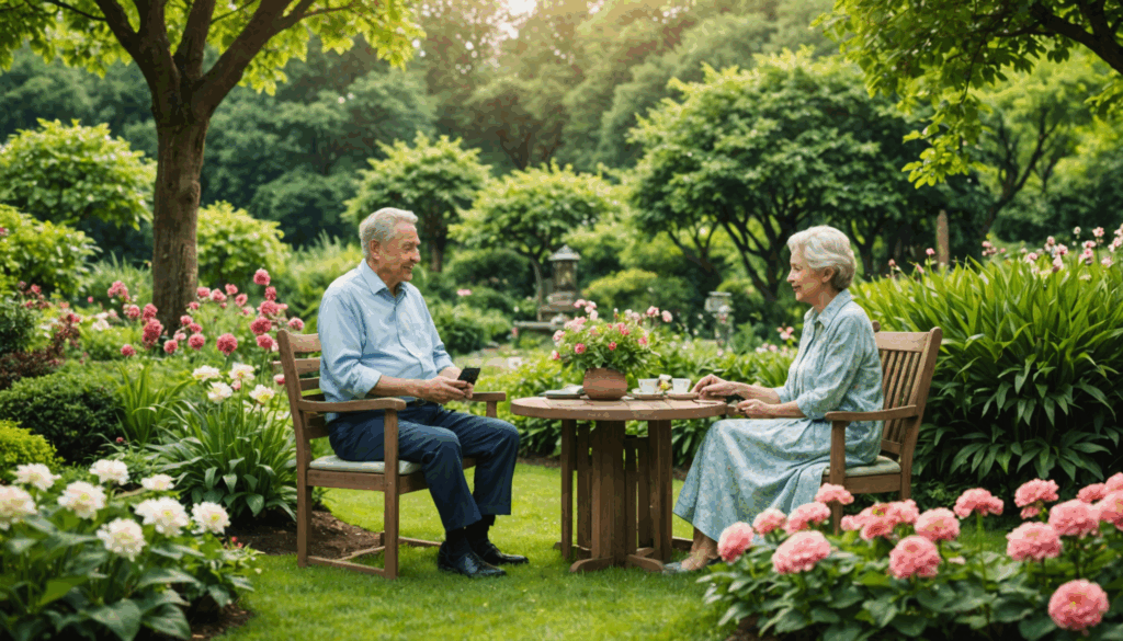 60代の夫婦が豊かな緑と花に囲まれた静かな庭で穏やかな老後を楽しんでいる様子。老後資金の重要性を感じさせる幸せな未来を象徴しています