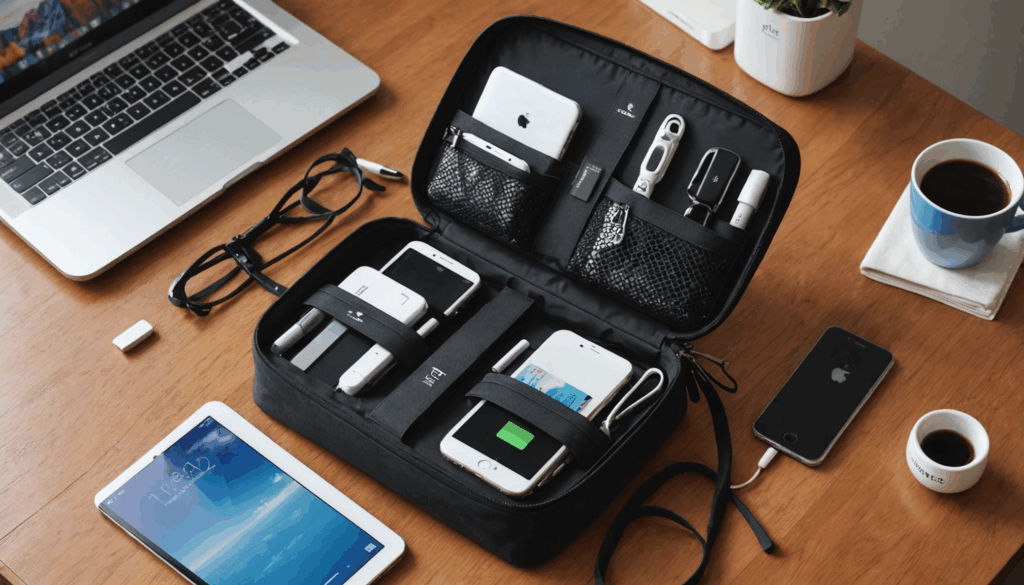 おしゃれで機能的なガジェットポーチに、スマホやモバイルバッテリー、リモコンなどが収納されている様子。旅行や日常生活におすすめの商品です