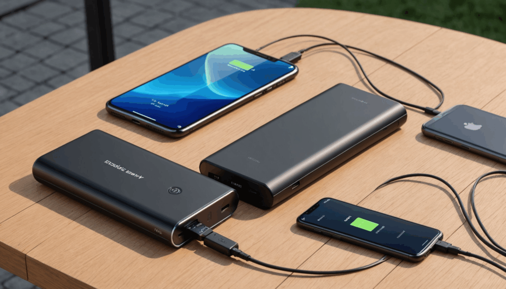 スタイリッシュな屋外でのモバイルバッテリーの写真。急速充電機能があり、USBとType-Cポートを備えたコンパクトなデザインが強調されている。