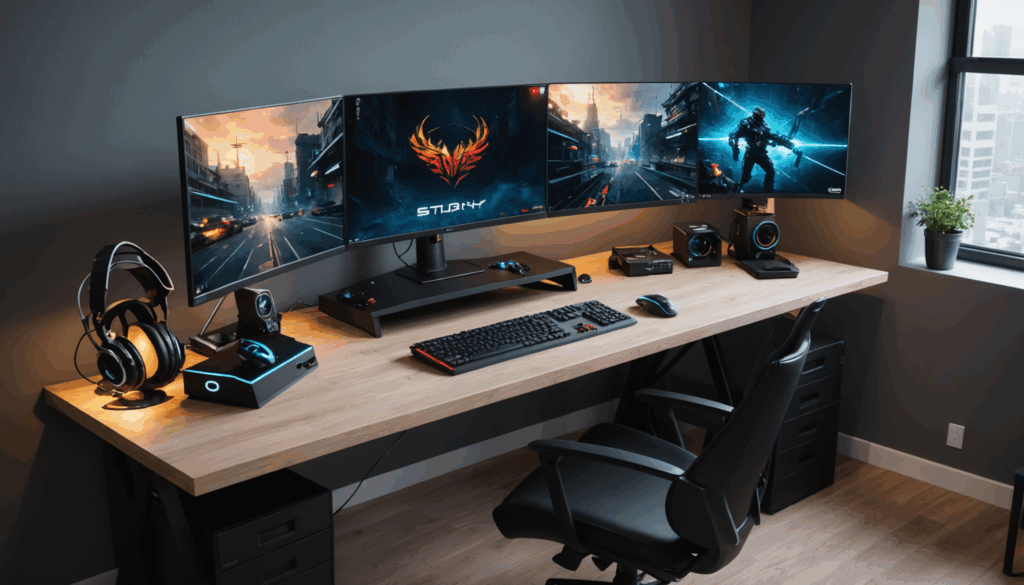 スタイリッシュなゲーミングPCのデスク周り。高デザインのモニターやエルゴノミックキーボード、マウスが整然と配置され、効率的な収納が施された現代的な雰囲気