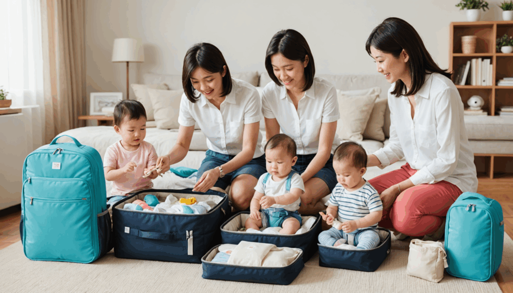明るい雰囲気の中で、赤ちゃんと一緒に旅行のための持ち物を整理している日本の家族の様子。圧縮バッグや赤ちゃん用品の整理術が見える。